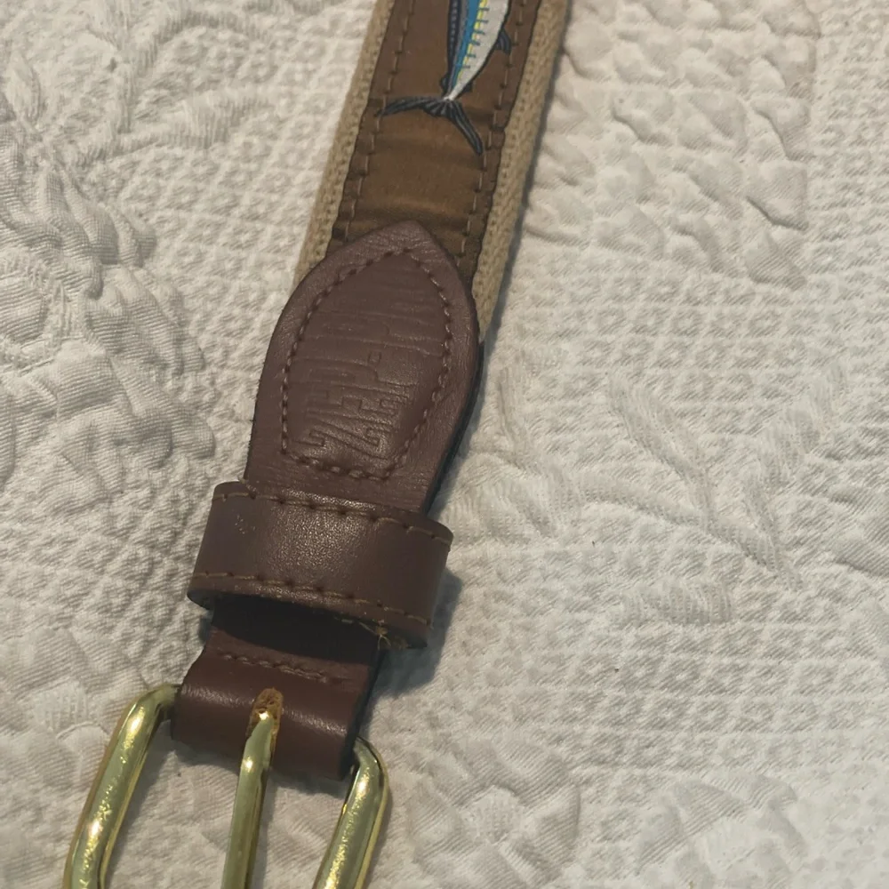 Fish Design Leather-Trim Kids Belt - Brown tan Blue Sz 26 Measure 31 W/O Buckle